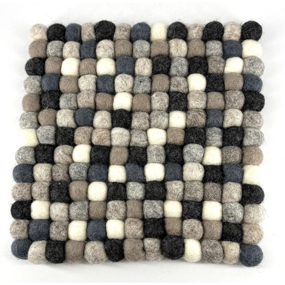 Handmade wool Felt Ball neutral/gray/black square mat, coaster, hot pad - 8.5